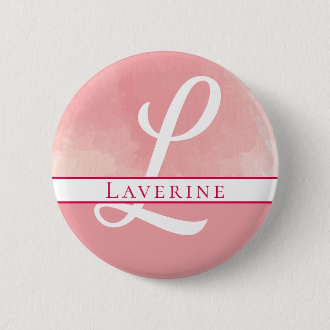 Badge Rond 5 Cm Nom du monogramme Aquarelle rose (Devant)