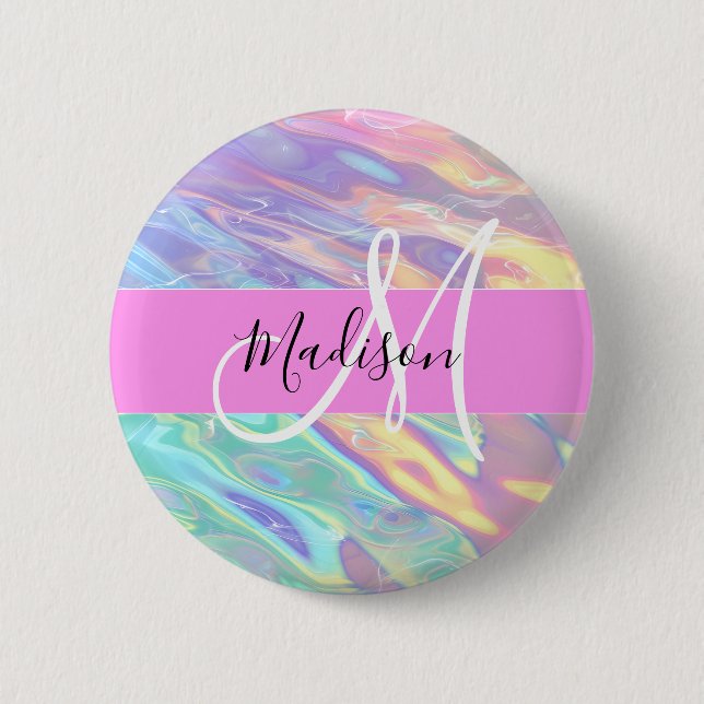 Badge Rond 5 Cm Nom du monogramme d'iridescendance rose-fille (Devant)
