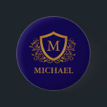 Badge Rond 5 Cm Nom du monogramme personnalisé bleu et or de la ma<br><div class="desc">Nom de monogramme élégant personnalisé bleu marine et or. Pour plus de personnalisation,  cliquez sur le bouton "Customiser" et utilisez notre outil de conception pour modifier ce modèle.</div>