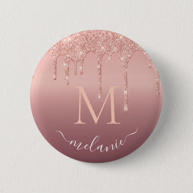 Badge Rond 5 Cm Nom du monogramme Rose texte Parties scintillant d (Devant)