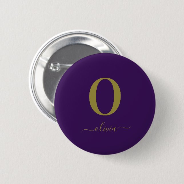 Badge Rond 5 Cm Nom Du Script Monogramme Personnalisé Purple Et Or (Devant & derrière)