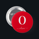 Badge Rond 5 Cm Nom du script Monogramme Personnalisé Rouge Et Bla<br><div class="desc">Ce monogramme élégant et design élégant de nom de script peut être offert comme cadeau pour un anniversaire,  une faveur de mariage,  une douche nuptiale ou toute occasion. Il peut être customisé avec l'initiale et le nom de la personne.</div>