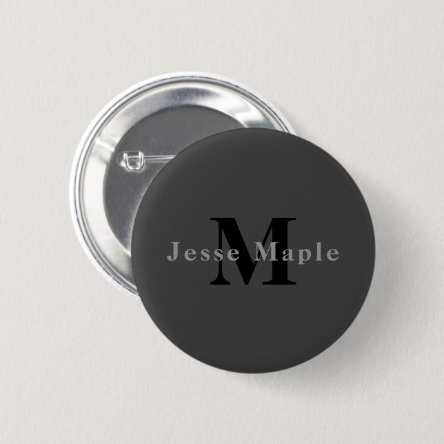 Badge Rond 5 Cm Nom et monogramme | Gris foncé (Devant & derrière)