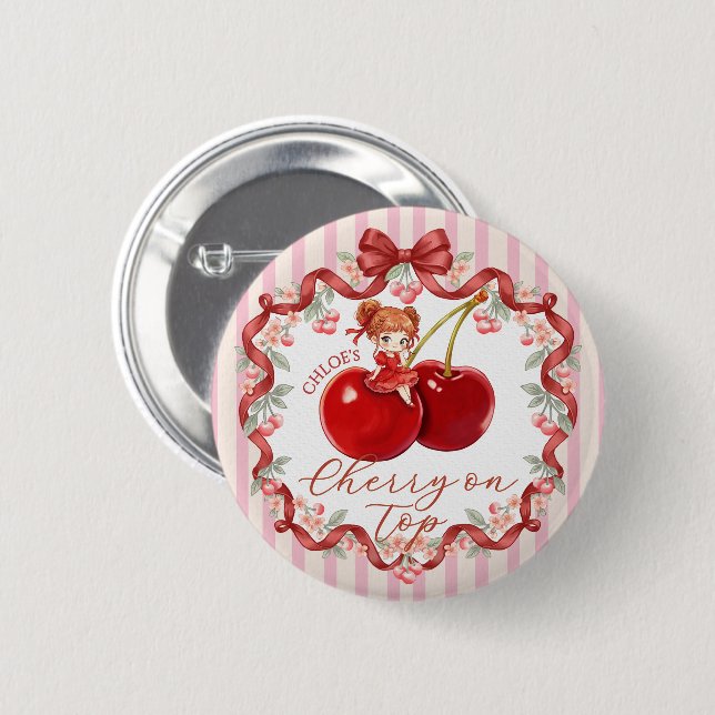 Badge Rond 5 Cm [Nom modifiable] Douce Cerise sur le dessus Fille  (Devant & derrière)
