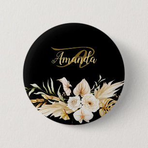 Badge Rond 5 Cm Nom Monogramme Floral Doré Noir Élégant Moderne