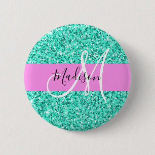 Badge Rond 5 Cm Nom Monogramme Paillettes Rose et Aqua Glamour