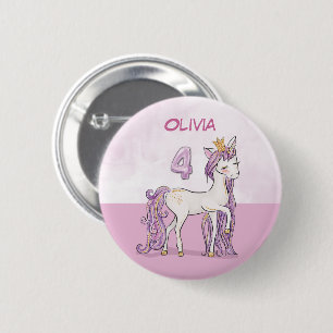 Badge Rond 5 Cm Nom personnalisé 4e anniversaire Cheval rose avec