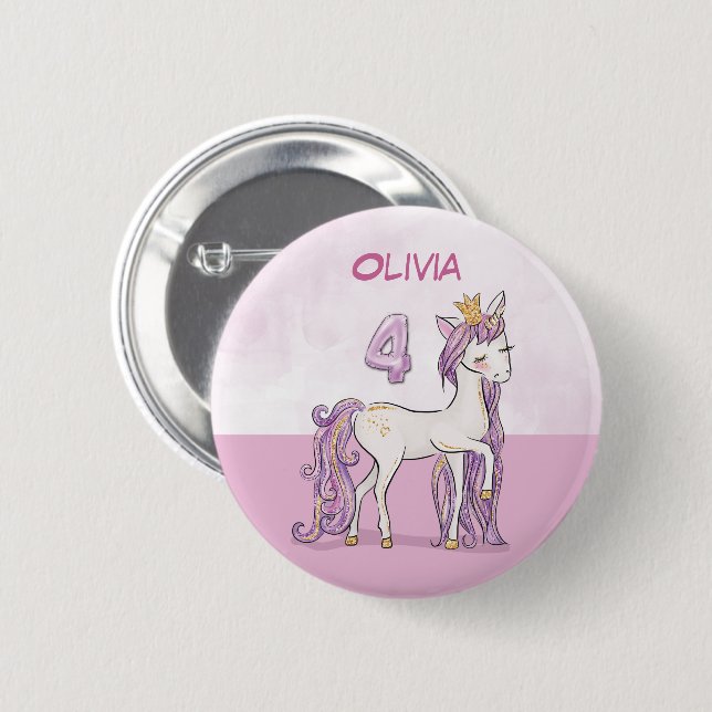 Badge Rond 5 Cm Nom personnalisé 4e anniversaire Cheval rose avec  (Devant & derrière)