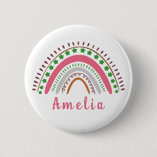 Badge Rond 5 Cm Nom personnalisé avec arc-en-ciel blanc Boho