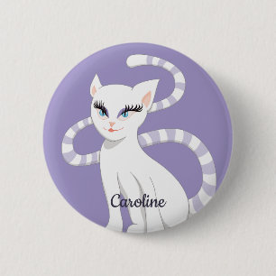 Badge Rond 5 Cm Nom personnalisé Beau dessin mignon chat blanc