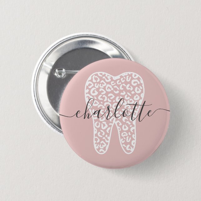 Badge Rond 5 Cm Nom personnalisé Dental Empreinte de léopard Doth  (Devant & derrière)