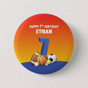 Badge Rond 5 Cm Nom personnalisé Garçon 7e anniversaire Sports Bal