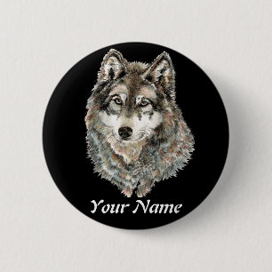 Badge Rond 5 Cm Nom personnalisé ou texte Loup aquarelle animal
