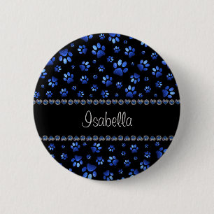 Badge Rond 5 Cm Nom personnalisé, pattes de chien en paillettes bl