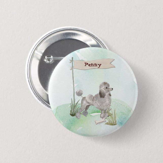 Badge Rond 5 Cm Nom personnalisé Poodé gris chien animal (Devant & derrière)