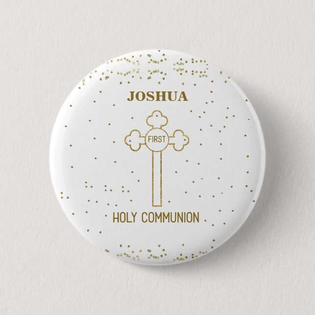 Badge Rond 5 Cm Nom personnalisé Première Sainte Communion Gold Lo (Devant)