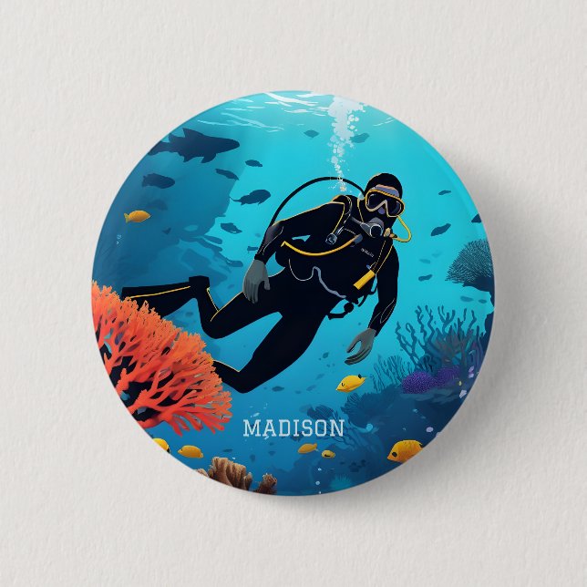 Badge Rond 5 Cm Nom personnalisé Scuba Diver (Devant)