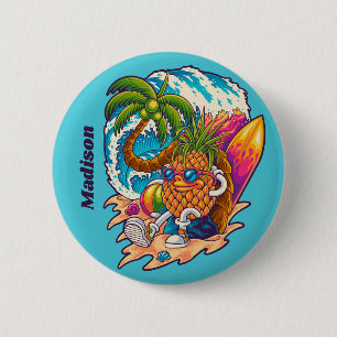 Badge Rond 5 Cm Nom personnalisé Surfing Pineapple