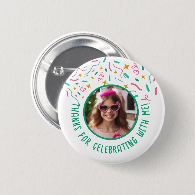 Badge Rond 5 Cm Nom photo personnalisé Confetti Anniversaire Merci (Devant & derrière)