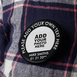 Badge Rond 5 Cm nom, texte + date spéciale, photo noir