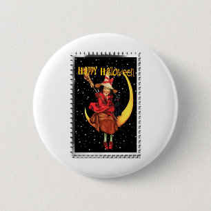 Badge Rond 5 Cm Nostalgale Halloween Bonne sorcière et son chat