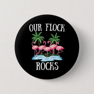 Badge Rond 5 Cm Notre Flock Rocks Flamants roses Lover Famille Vac