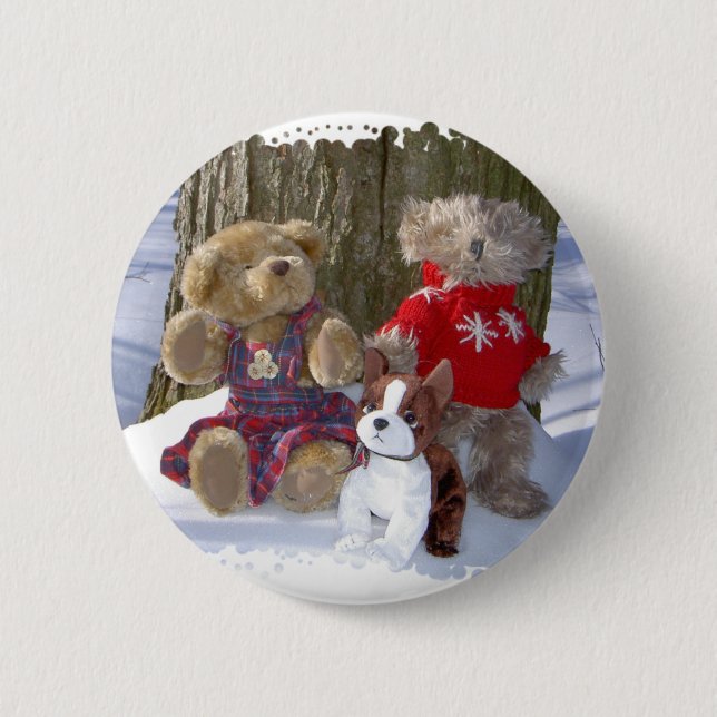 Badge Rond 5 Cm Nounours d'hiver avec le chiot (Devant)