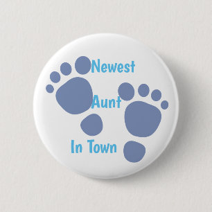 Badge Rond 5 Cm Nouvelle Tante En Ville Bleu Bébé Bouton Empreinte