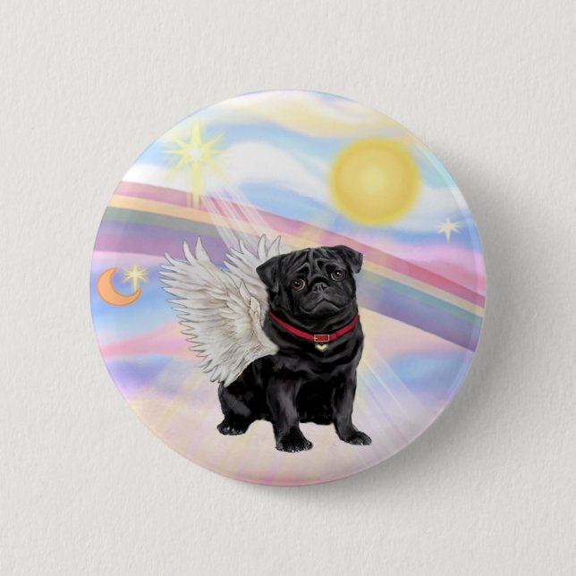Badge Rond 5 Cm Nuages - Ange Pug Noir (Devant)