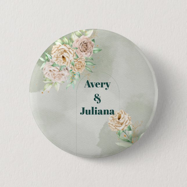 Badge Rond 5 Cm Nuances Terreuses Fleurs Bohème Élégant Vert Sauge (Devant)