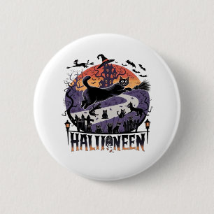 Badge Rond 5 Cm Nuit éffrayante d'Halloween en Chat Noir - Vintage