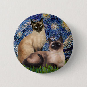 Badge Rond 5 Cm Nuit étoilée - Deux chats siamois (Choc Pt)