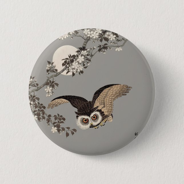Badge Rond 5 Cm Nuit Japonaise Chouette Lune Bois Coupe Flying Nig (Devant)