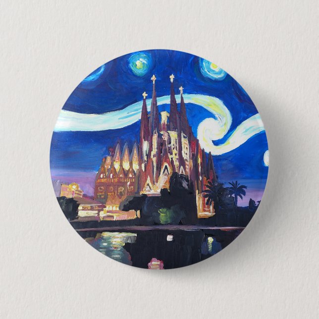Badge Rond 5 Cm Nuits étoilées à Sagrada Familia à Barcelone (Devant)