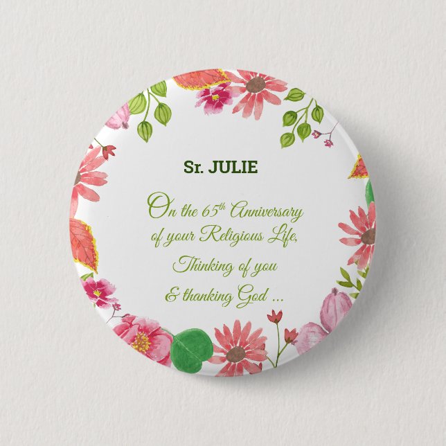 Badge Rond 5 Cm Nun Religious 65e Anniversaire Fleurs aquarelles (Devant)