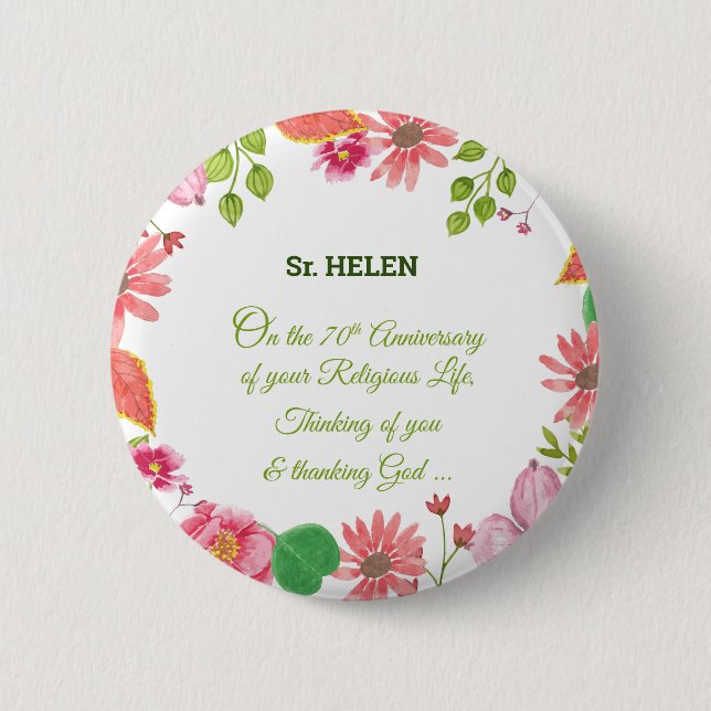 Badge Rond 5 Cm Nun Religious 70e Anniversaire Fleurs aquarelles (Devant)