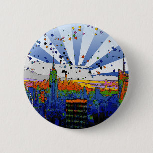 Badge Rond 5 Cm NYC psychédélique : vue large Skyline ESB