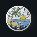 Badge Rond 5 Cm Ocean City Maryland Vintage<br><div class="desc">Illustration dessinée à la main par Ocean City avec palmiers et vagues dans l'arrière - plan. Parfait pour tous ceux qui aiment visiter Ocean City.</div>