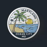 Badge Rond 5 Cm Ocean City Maryland Vintage<br><div class="desc">Illustration dessinée à la main par Ocean City avec palmiers et vagues dans l'arrière - plan. Parfait pour tous ceux qui aiment visiter Ocean City.</div>
