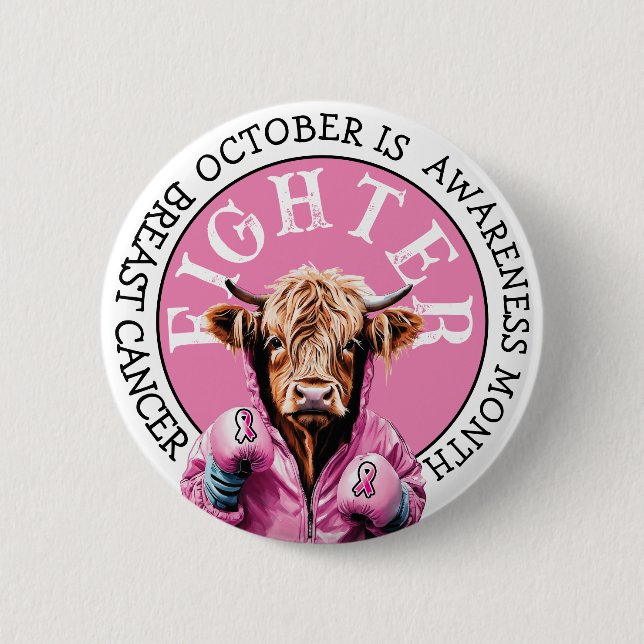Badge Rond 5 Cm Octobre est Cancer du Sein Pink Fighter (Devant)