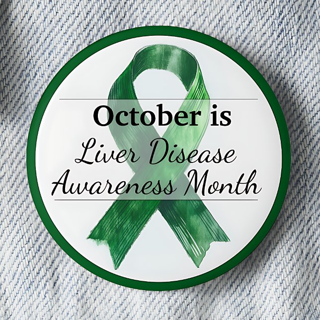 Badge Rond 5 Cm Octobre Mois de sensibilisation aux maladies du fo (October is Liver Disease Awareness Month pinback button. Green awareness ribbon.)