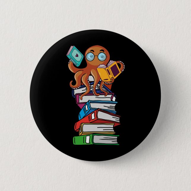 Badge Rond 5 Cm Octopus Book Reading Kraken Library Humour Reader (Devant)