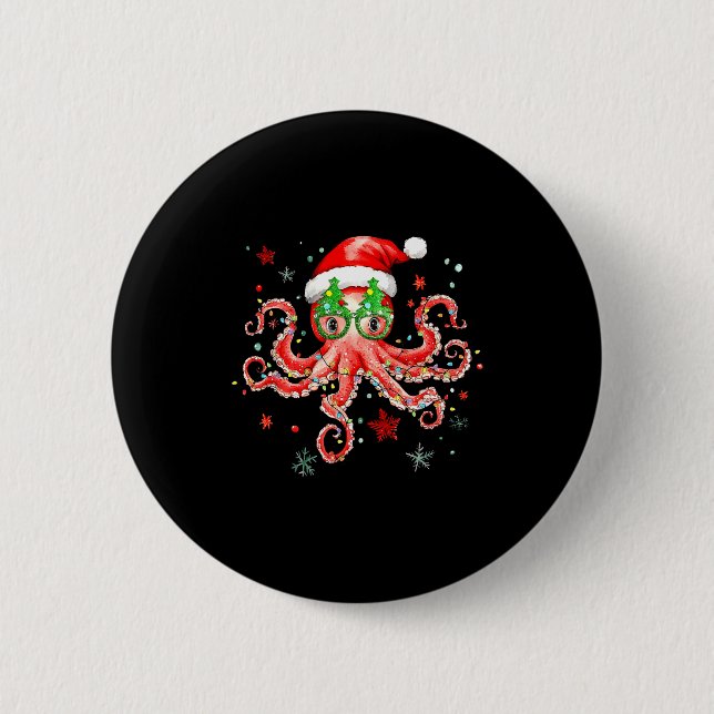 Badge Rond 5 Cm Octopus Gles Santa Hat Christmas Light Ocean Anima (Devant)