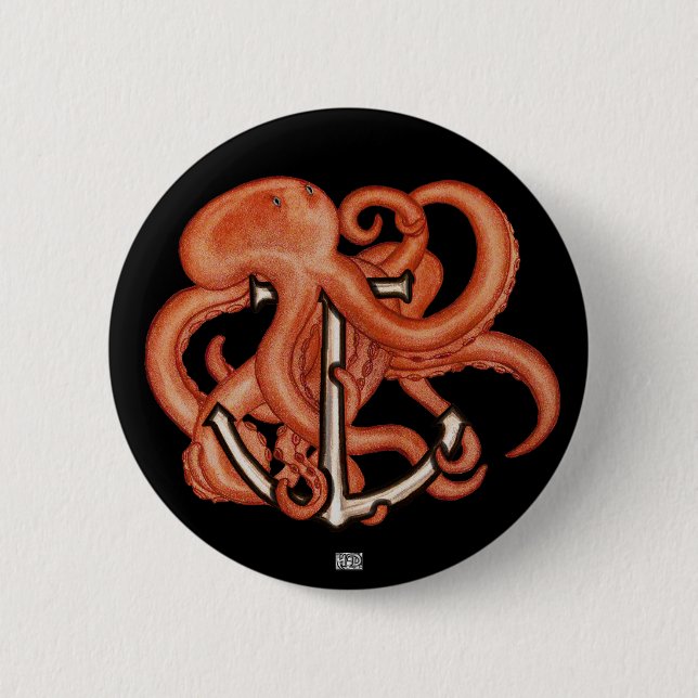 Badge Rond 5 Cm Octopus orange sur l'Ancre (Devant)