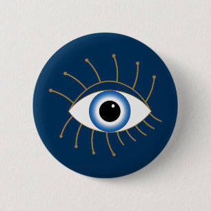 Badge Rond 5 Cm Oeil Mal Grec Avec Lashes Bleu Blanc Or