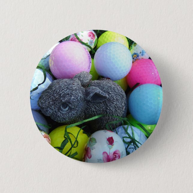 Badge Rond 5 Cm Oeufs de Pâques, Ballons de golf de lapin (Devant)