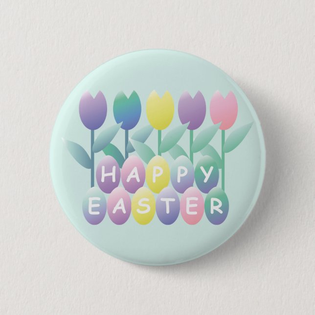 Badge Rond 5 Cm Oeufs de Pâques Tulipes Joyeux Bouton de Pâques (Devant)