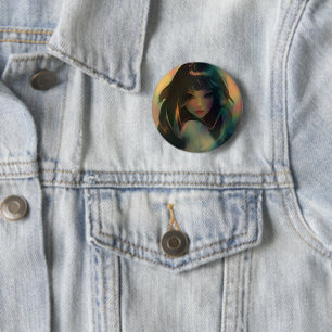 Badge Rond 5 Cm Oeuvre d'Anime Girl entourée de Rainbow Light