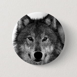 Badge Rond 5 Cm Oeuvre de Loup noir et blanc