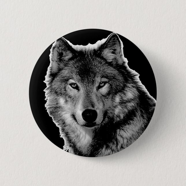 Badge Rond 5 Cm Oeuvre de Loup noir et blanc (Devant)